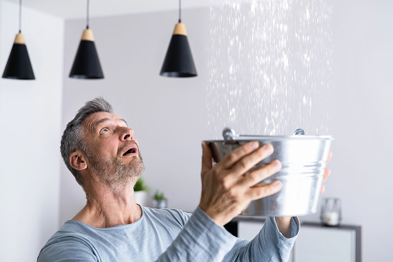 Homeowner Shocked by Ceiling Water Leak Emergency shocked homeowner holding bucket under heavy ceiling water leak emergency