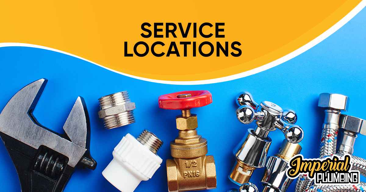 Service Locations Plumbing tools and fittings arranged on blue surface with Imperial Plumbing logo