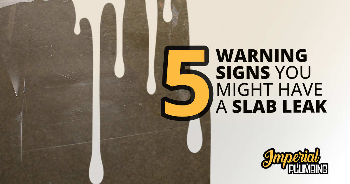 Graphic showing water dripping over a concrete surface beside text about signs of a slab leak.