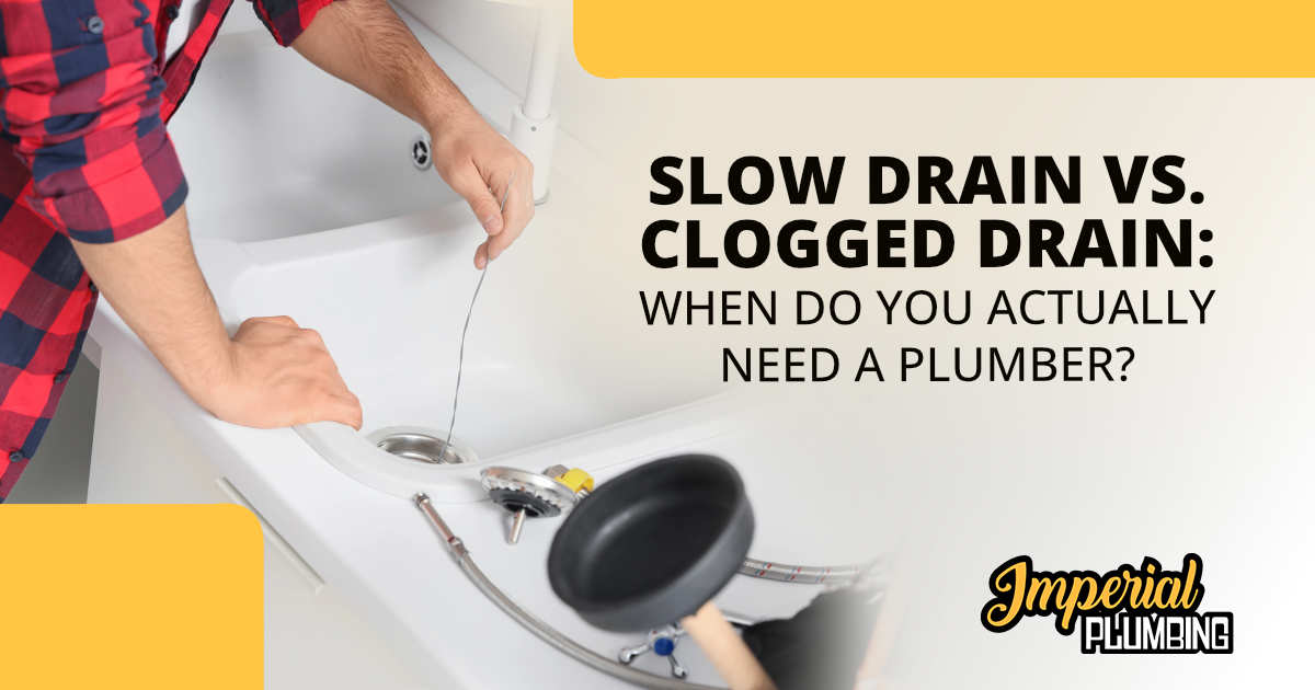 Person using a drain tool in a sink beside text comparing slow and clogged drains.