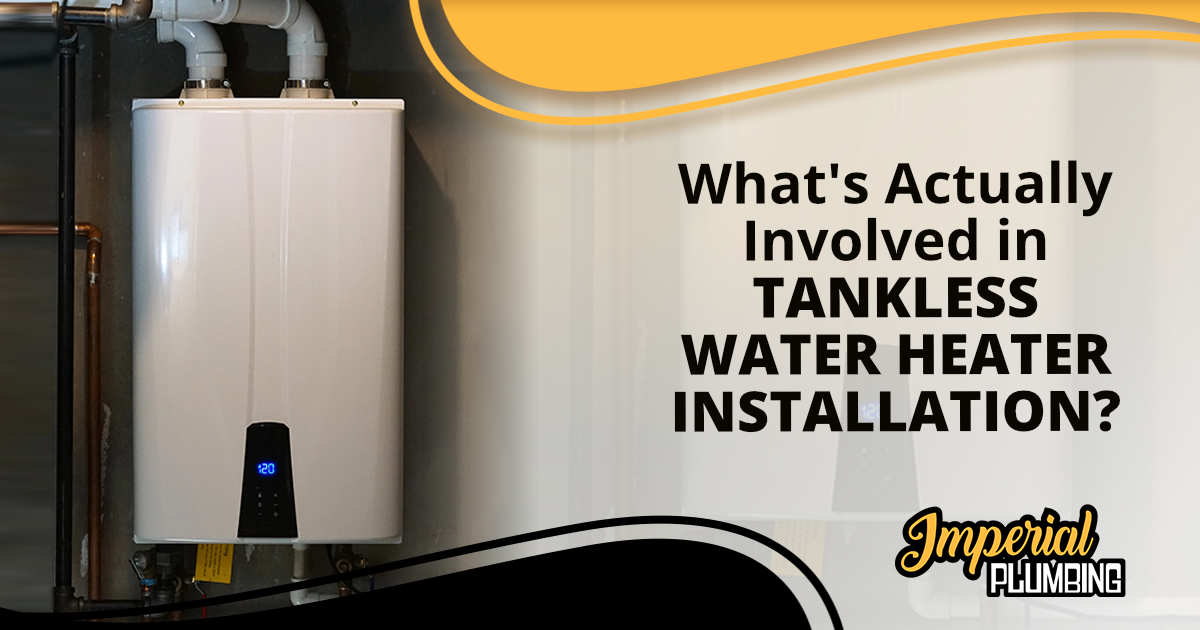 Tankless water heater shown beside text explaining what's involved in tankless water heater installation.
