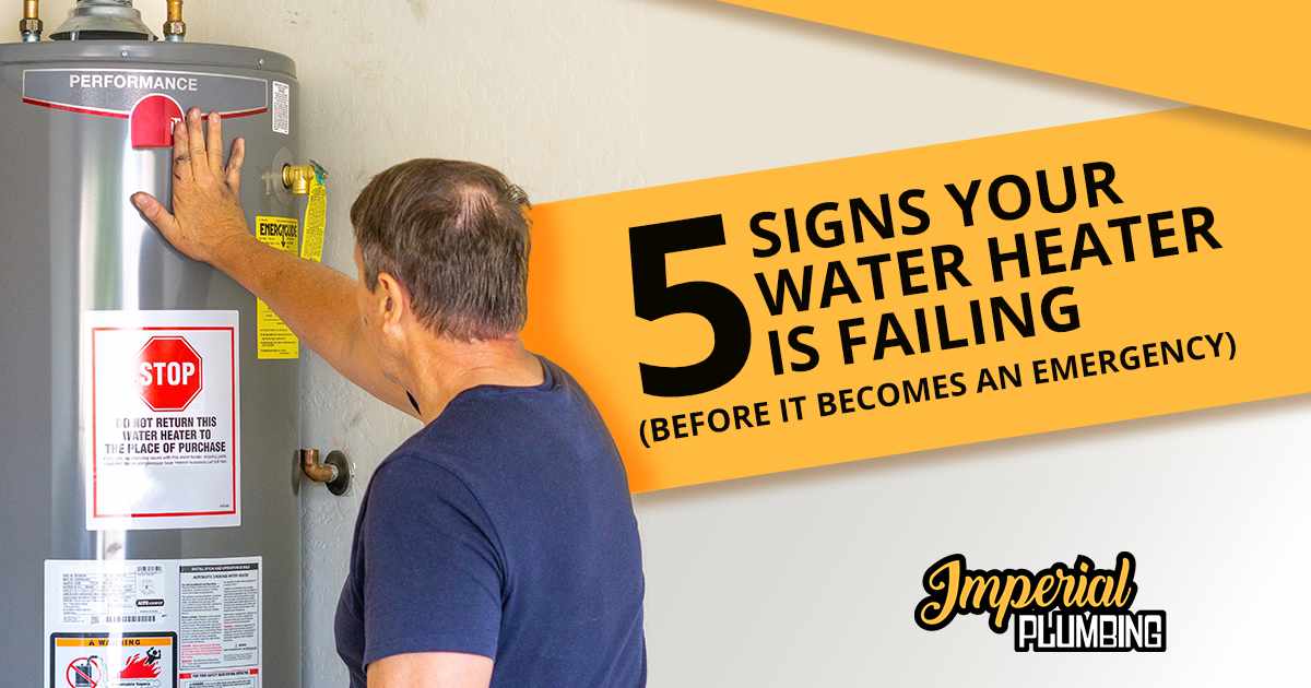 Person examining a residential water heater beside text about five signs that it may be failing.
