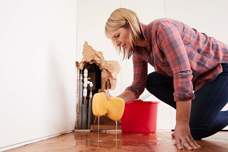 Burst Pipe Water Damage Cleanup Inside Wall woman cleaning up water damage from burst pipe exposed inside wall